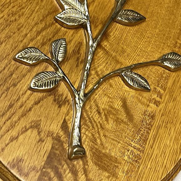 Vintage Brass Rose Floral Wall Art on Light Wood Oval Plaque Mid Century Style - Picture 7 of 7